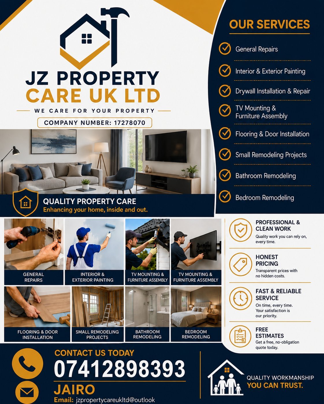 JZ Property Care UK Ltd service flyer showcasing home repairs, painting, remodeling, and furniture assembly with contact details and service listings